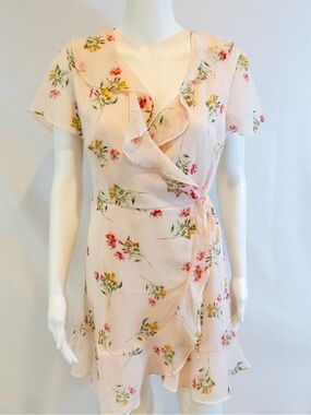Lush Pink Floral Wrap Dress - small